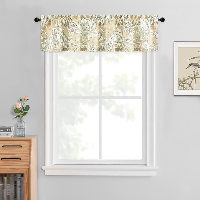 Leeva Vintage Floral Valance for Windows - Light Filtering Linen Textured Window Treatment with Rod Pocket, Farmhouse Decorative Curtain for Kitchen & Bedroom, 52" W x 12" L, 1 Panel