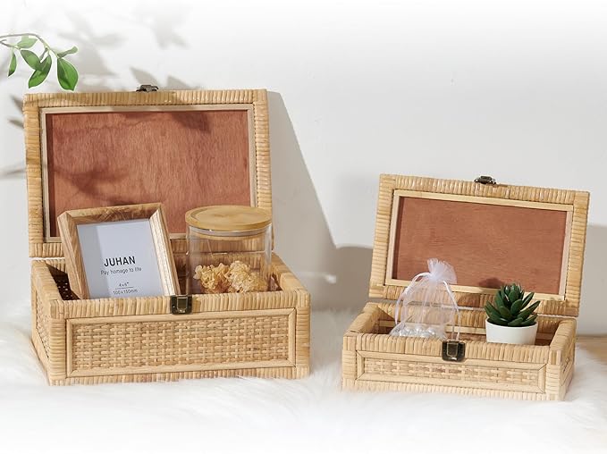 2PCS Rattan Box with Lid Decorative Natural Handmade Boho Baskets Woven Wicker Cane Bins Keepsake Memory Jewelry Boxes Rectangular Desk Shelf Closet Organizer Container (1 Large 1 Small)