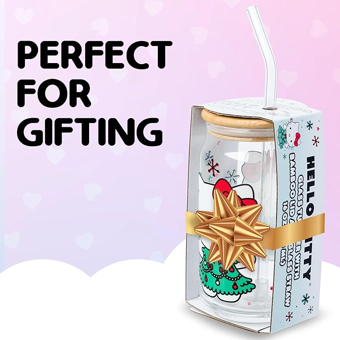 Silver Buffalo Sanrio Hello Kitty Holiday Glass Tumbler with Bamboo Lid and Glass Straw, 16 Ounces