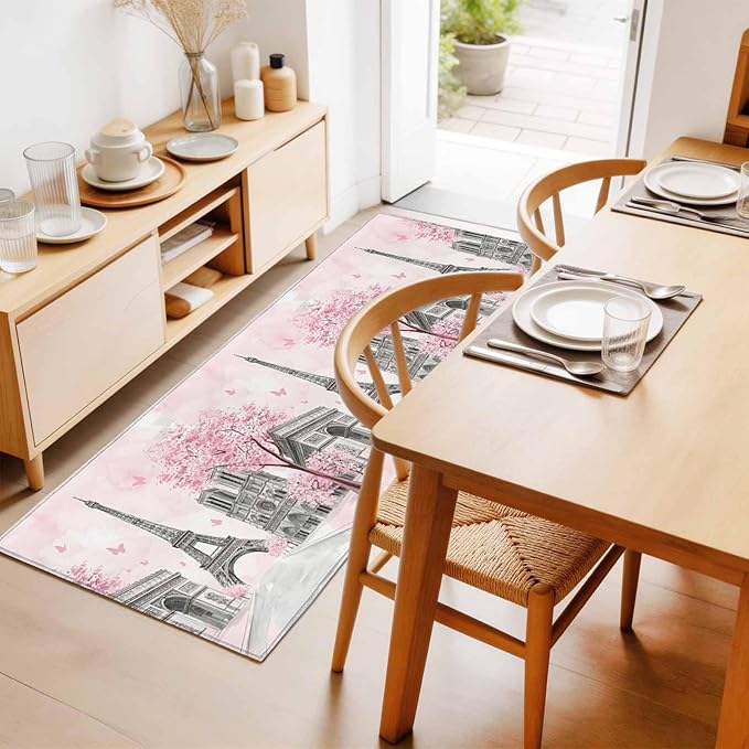 Runner Rug for Bedroom Hallway, Modern Pink Flower Paris Landmarks Kitchen Runner Rugs Area Rug 2x6ft, Towel Architecture Washable Soft Floor Carpet for Entryway Stair