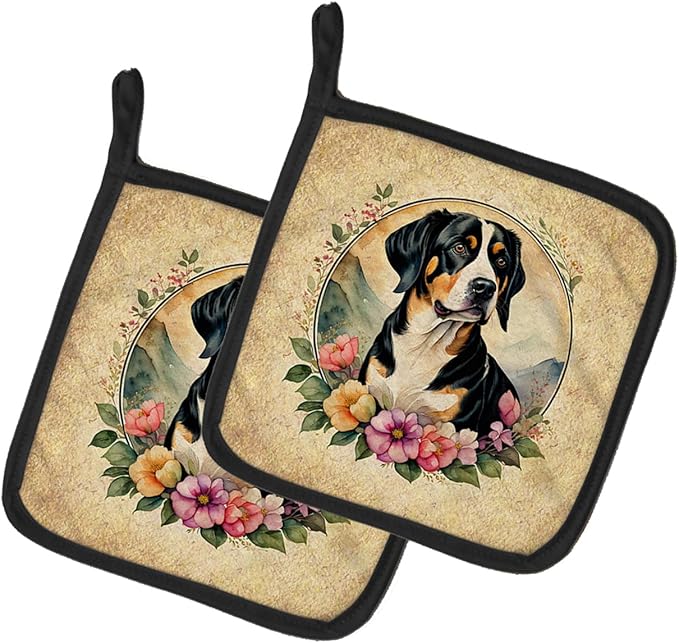 Caroline's Treasures Entlebucher Mountain Dog and Flowers Pair of Pot Holders Kitchen Heat Resistant Pot Holders Sets Oven Hot Pads for Cooking Baking BBQ, 7 1/2 x 7 1/2
