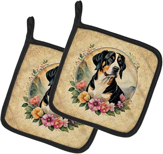 Caroline's Treasures Entlebucher Mountain Dog and Flowers Pair of Pot Holders Kitchen Heat Resistant Pot Holders Sets Oven Hot Pads for Cooking Baking BBQ, 7 1/2 x 7 1/2