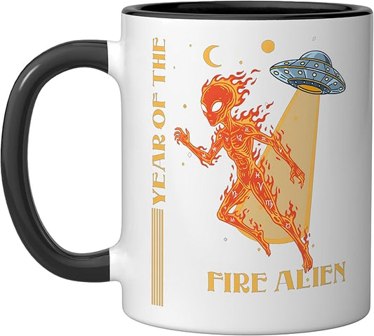 Year of the Fire Alien Chinese Zodiac Celestial Astrology Ceramic Mug, Black/White