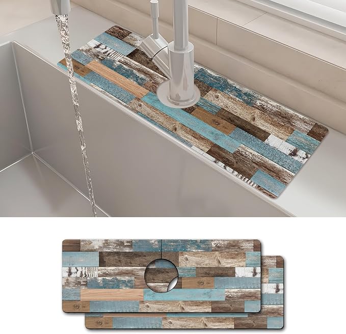 2PCS 15" X 5.5" Kitchen Sink Splash Guard Faucet Mat Wood Grain Super Absorbent Fast Drying Faucet Guard & Draining Mat Sink Splash Guard Behind Faucet for Kitchen, Bathroom