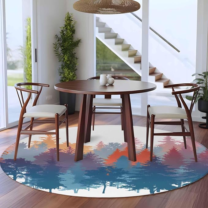Washable Round Area Rug Abstract Trees Forest Silhouette Circle Rugs Floor Carpet for Living Room Bedroom, Natural Scene Plants Soft Non Slip Round Rug 5ft