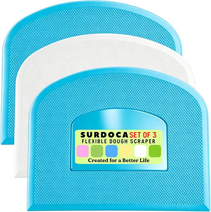 SURDOCA Dough Scraper Bench Scraper - 3P 5.9x4.3" Plastic Flexible Bowl Scraper, Sharp Edge & Angles Cake Scraper. Non-Slip Bakeware Decorating Tools Sculpting & Modeling Tools - Blue+White+Blue