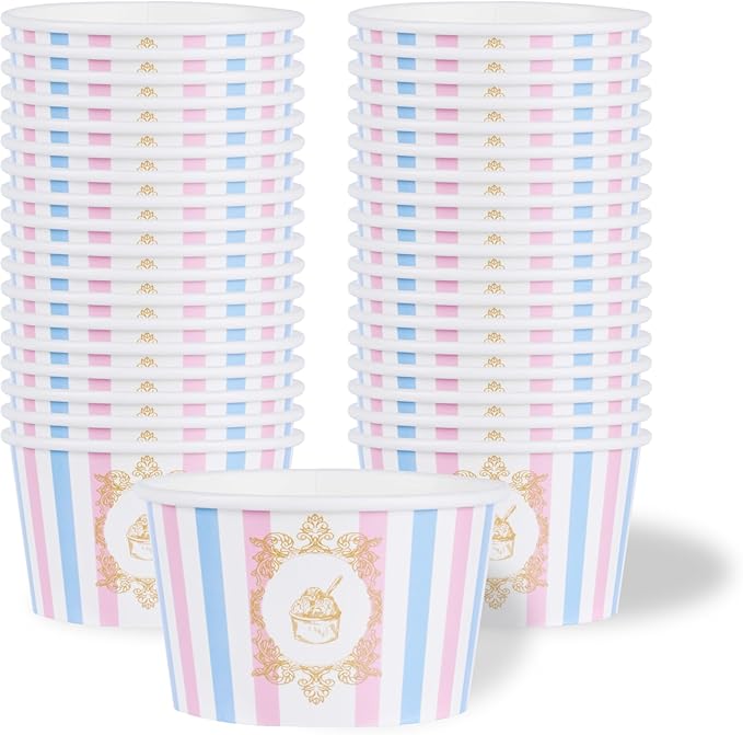 Coppetta 8 Ounce Dessert Cups, 200 Greaseproof Ice Cream Cups - Lids Sold Separately, For Hot And Cold Foods, Pink And Blue Stripe Paper Yogurt Bowls, Disposable, Sturdy - Restaurantware