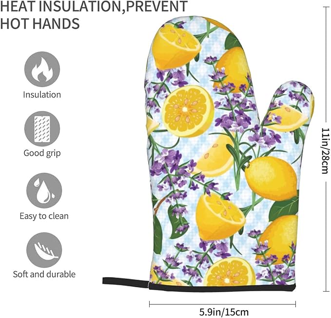 Lemon Lavender Oven Mitts of 2-Pack Set, Funny Kitchen Gloves Heat Resistant Non-Slip Kitchen Mitts Safe Cooking Baking Grilling