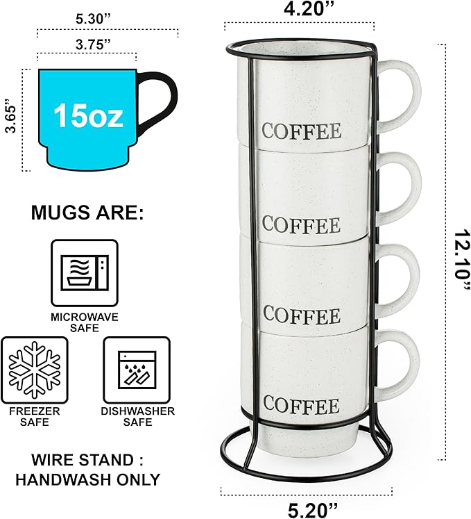 Signature Housewares Stackable Coffee Mug Tower Set with Metal Wire Rack - 15 Ounce Coffee Mugs for Coffee, Tea, Cocoa, Milk, Cappuccino, Hot Chocolate Set of 4 - White Coffee
