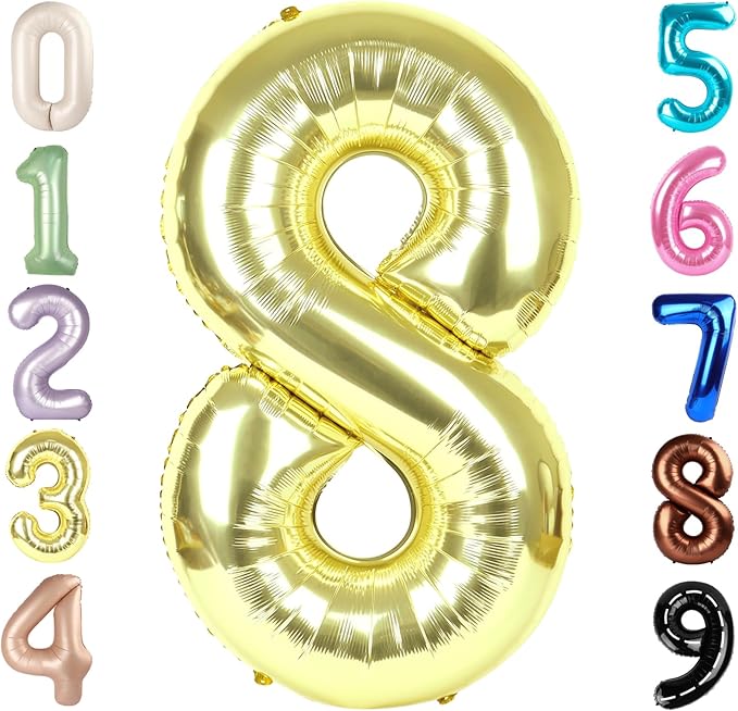 40 Inch Number 8 Balloon, Light Gold 8 18 28 80 Birthday Balloons for Men Boys, 8th Birthday Decorations Party Supplies, Wedding, Graduations