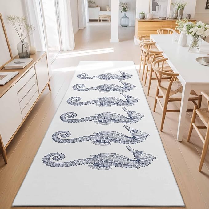 Runner Rug for Bedroom Hallway, Summer Light Blue Seahorse Kitchen Runner Rugs Area Rug 2x6ft, Underwater Ocean Animals Washable Soft Floor Carpet for Entryway Stair