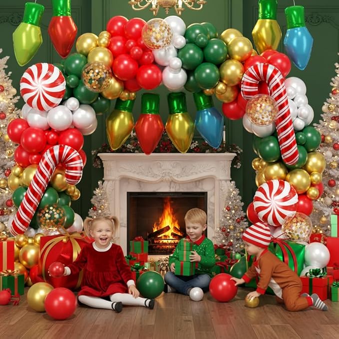 164Pcs Christmas Balloon Arch Garland Kit Xmas Red White Green Gold Latex Balloons Light Bulb Candy Cane Gift Box Foil Balloons Arch Kit for Christmas New Year Party Birthday Party Decorations