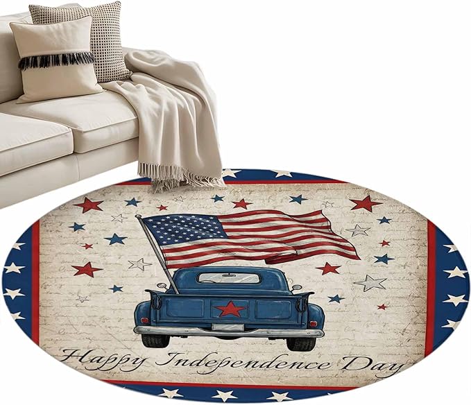 Washable Round Area Rug Happy Independence Day USA Flag Circle Rugs Floor Carpet for Living Room Bedroom, Retro Blue Truck Soft Non Slip Round Rug 4ft