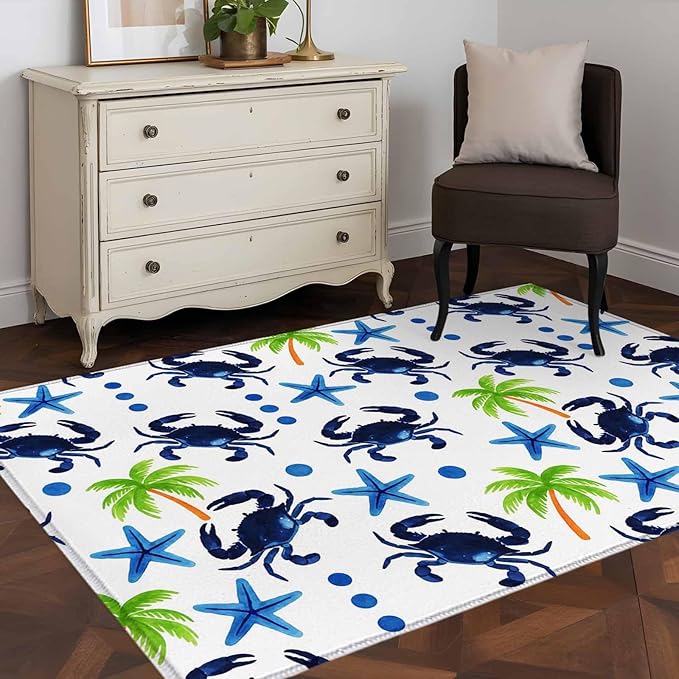 Area Rug 3x5ft, Abstract Blue Crab Starfish Washable Rugs for Living Room Bedroom, Watercolor Palm Tree Soft Non-Slip Area Rugs Rectangle Floor Carpet for Dining Room