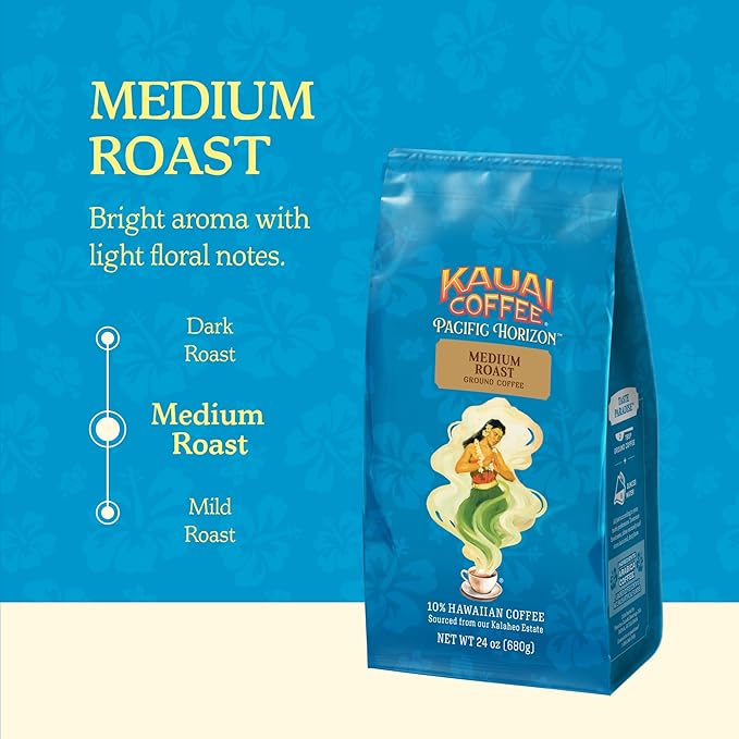 Kauai Coffee Ground Coffee – Smooth, Rich, Medium Roast – Light Floral Notes, Bright Aroma – Arabica Coffee, 10% Hawaiian with No Bitterness – Koloa Estate, 1 Pack of 24oz
