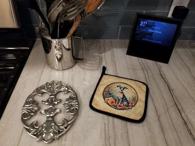 Caroline's Treasures Italian Greyhound and Flowers Pair of Pot Holders Kitchen Heat Resistant Pot Holders Sets Oven Hot Pads for Cooking Baking BBQ, 7 1/2 x 7 1/2