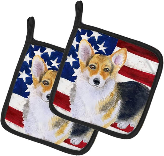Caroline's Treasures BB9642PTHD Pembroke Corgi Patriotic Pair of Pot Holders Kitchen Heat Resistant Pot Holders Sets Oven Hot Pads for Cooking Baking BBQ, 7 1/2 x 7 1/2
