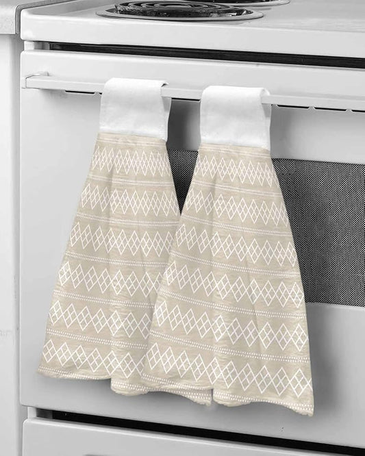 Alandar Home Kitchen Tie Towel Set of 2, Modern Dotted Line Square on Beige Absorbent Soft Hand Towels for Bathroom Hanging Towels, Abstract Geometric Texture Fast Drying Cleaning Cloth with Loop