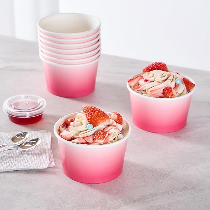 Restaurantware Paper Cups 200 Count 8 Ounce Square Disposable Ice Cream Containers, Leak-Resistant Paper Dessert To Go Cups, Hot And Cold Food, Durable Pink And White Ombre Design