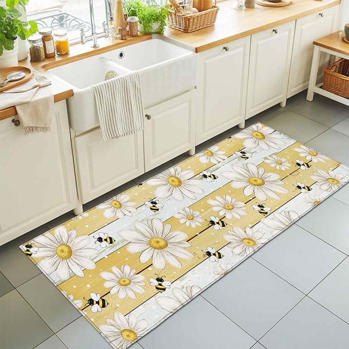 Runner Rug for Bedroom Hallway, Summer Rustic Daisy Flower Bee Kitchen Runner Rugs Area Rug 2x6ft, Blossom Floral Yellow Wooden Washable Soft Floor Carpet for Entryway Stair