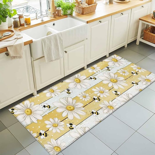 Runner Rug for Bedroom Hallway, Summer Rustic Daisy Flower Bee Kitchen Runner Rugs Area Rug 2x6ft, Blossom Floral Yellow Wooden Washable Soft Floor Carpet for Entryway Stair