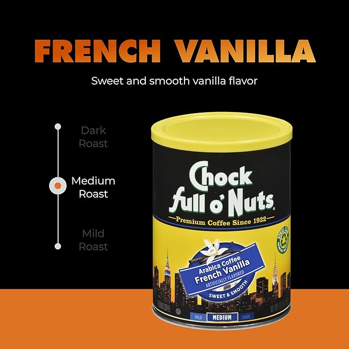 Chock Full o' Nuts French Vanilla Ground Coffee – Premium Beans in Recyclable Steel Can – Rich Flavor & Aroma, Medium Roast – Perfect for Drip, Pour-Over, Percolator – 10.2 Oz Can