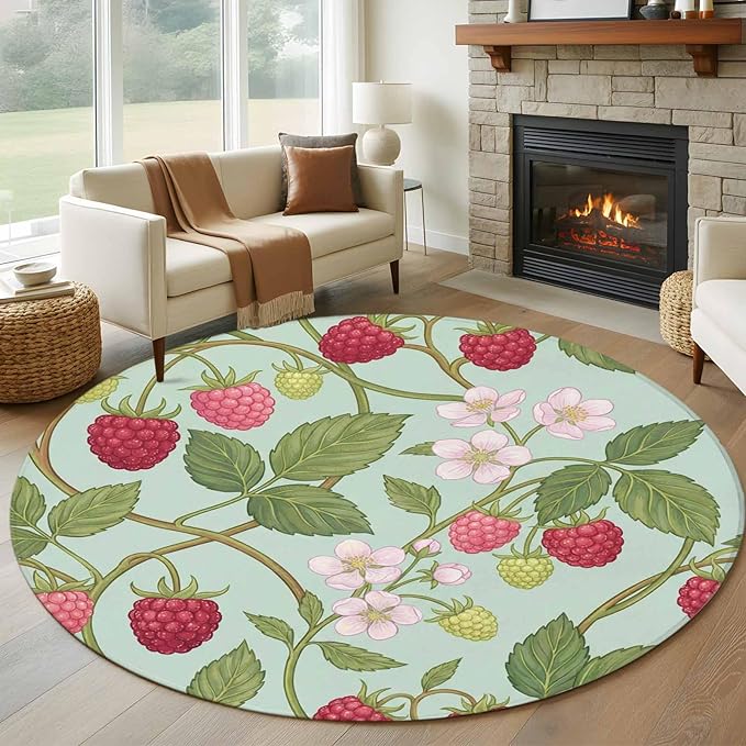 Washable Round Area Rug Farmhouse Berry Red Pink Blossoms Flower Circle Rugs Floor Carpet for Living Room Bedroom, Green Leaves Soft Non Slip Round Rug 5ft