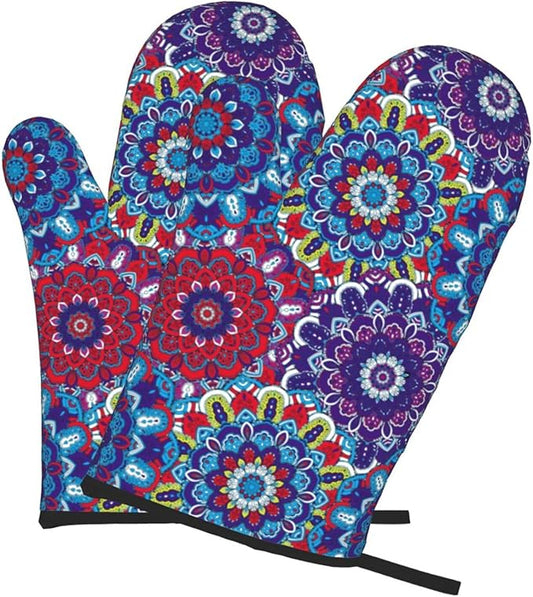 Boho Floral Oven Mitts of 2 Pack, Funny Kitchen Gloves Heat Resistant Non-Slip Kitchen Mitts for Cooking Baking Grilling