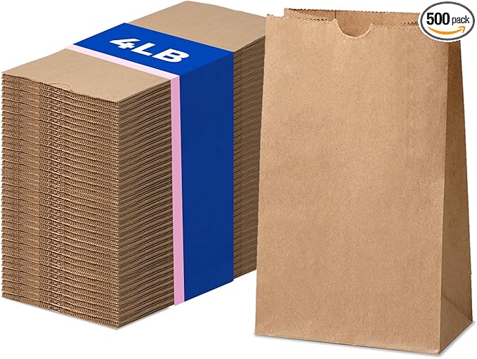 Fit Meal Prep 500 Pack 4 lb Brown Paper Lunch Bags, 9.75 x 5 x 3.13 Premium Kraft Paper Bags Bulk for Small Business, Recyclable Snack Sacks, Durable Paper Grocery Bag for Food Storage, Packing