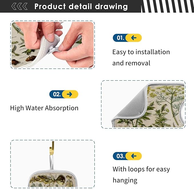 Kitchen Faucet Absorbent Mat, Antique Botanical Water Splash Guard for Sink, Faucet Drip Catcher Thicken Sponge Microfiber Faucet Water Catcher Mat Sink Absorbent Mat for Kitchen 23x5in 2 Pack