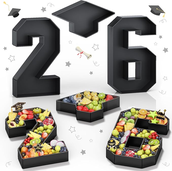 26 Fillable Number for Charcuterie with Grad Cap Shaped Cardboard Tray Black 2026 Graduation Party Decorations 13.8'' Pre-cut Board Storage Decorative Paper Mache Box College Grad Table Supplies