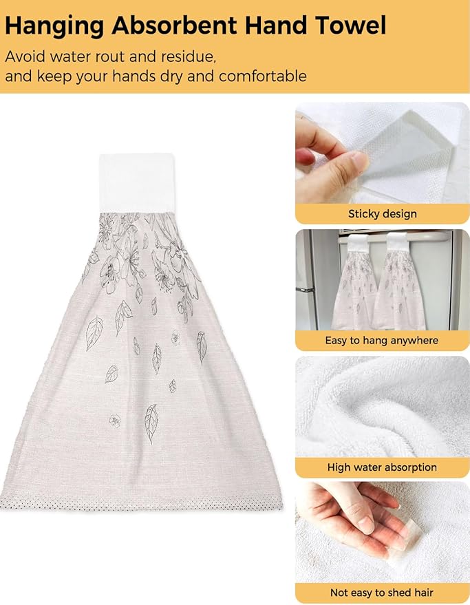 Alandar Home Kitchen Tie Towel Set of 1, Flower Sketch on Burlap Linen Absorbent Soft Hand Towels for Bathroom Hanging Towels, Blossoming Floral Falling Leaves Fast Drying Cleaning Cloth with Loop