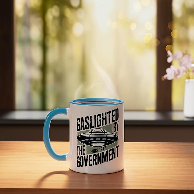 UFO Cover Up Gaslighted by the Government 1947 Ceramic Mug, Blue/White