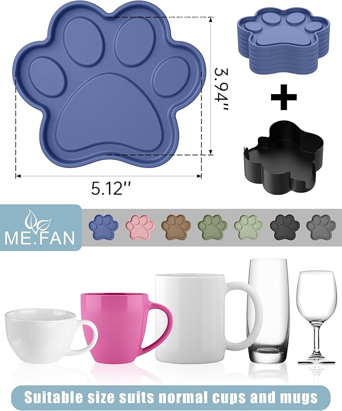 ME.FAN Silicone Coasters 6 Pack Paw Cup Mat with Holder, Dog Cat Paw Shape, for Hot or Cold Drink, Non-Slip, Non-Stick, Room Decor, Housewarming Dusty Rose