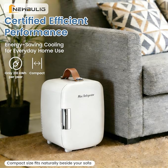 NEWBULIG Mini Fridge for Bedroom, Office & Car, Portable 4L/4.23QT Mini Refrigerator for Skincare with Handle, Ultra-Quiet Energy-Saving Compact Cooler for Drinks, Food, Skincare & Makeup, 12V AC/DC