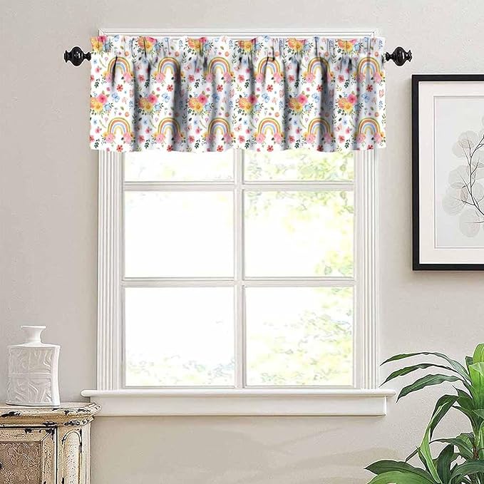 Rainbow Floral Valance, Watercolor Boho Rainbow Flowers Butterfly Print Short Window Treatment for Kitchen Dining Room Bedroom Nursery, 54x18Inch