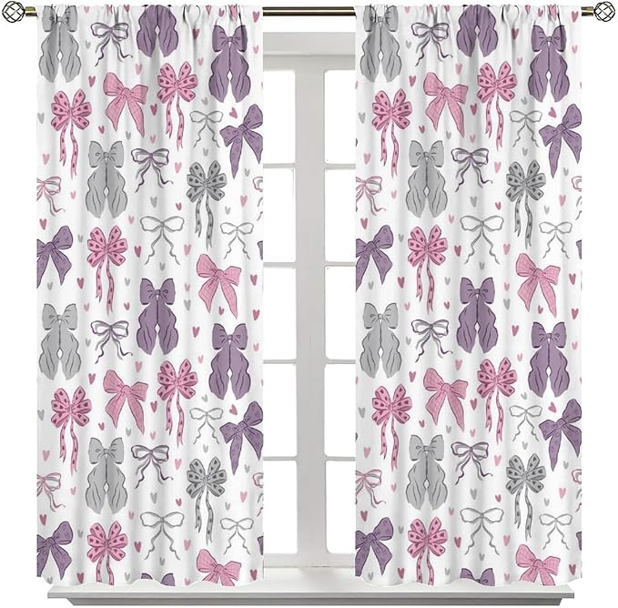 Bowknot Blackout Curtain,Kids Girls Cute Bow Tie Print Pink Purple Window Curtains for Dining Room Living Room Kitchen Cafe Bedroom Office Nursery Drapes,42x45 in