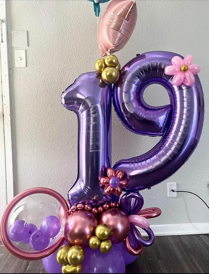 Number 19 Balloons, Happy Birthday Decoration for 19th, Purple Balloon Numbers 40 Inch for 19 91 Girls Boys Women Men Engagement, Bridal Shower Party
