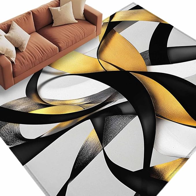 Area Rug 6x9ft, Modern Geometric Stripe Texture Washable Rugs for Living Room Bedroom, Abstract Gold Black White Line Soft Non-Slip Area Rugs Rectangle Floor Carpet for Dining Room