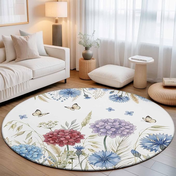 Washable Round Area Rug Watercolor Hydrangea Flower Circle Rugs Floor Carpet for Living Room Bedroom, Garden Floral Butterfly Leaves Soft Non Slip Round Rug 3ft