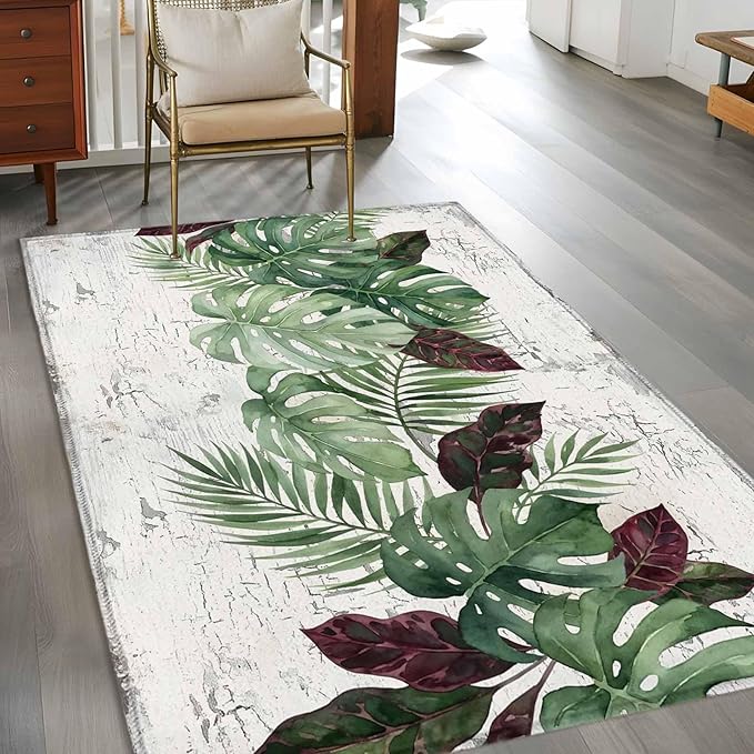 Area Rug 4x6ft, Summer Green Monstera Palm Leaves Washable Rugs for Living Room Bedroom, Vintage Botantical Soft Non-Slip Area Rugs Rectangle Floor Carpet for Dining Room