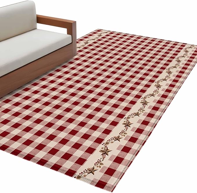 Area Rug 4x6ft, Vintage Red Buffalo Plaid Berry Washable Rugs for Living Room Bedroom, Farmhouse Western Star Soft Non-Slip Area Rugs Rectangle Floor Carpet for Dining Room