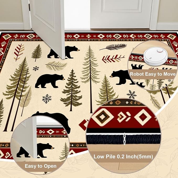 8x10 Area Rugs for Bedroom Boho Washable Man Cave Rug for Living Room Rustic Bear Pine Tree Wilderness Autumn Elements Soft Rubber Backed Non-Slip Large Carpets for Boys