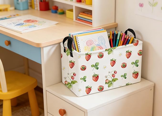 Essme Rectangular Kids Baskets,Strawberry Storage Box,Cute Basket for Kids with Handles for Room Decor, Book Bins,Shelf Basket.(Strawberry)