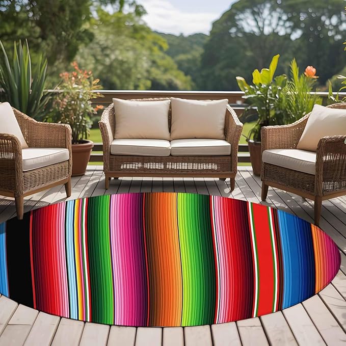 Washable Round Area Rug Mexico Art Colorful Stripes Circle Rugs Floor Carpet for Living Room Bedroom, Color Gradient Lines Soft Non Slip Round Rug 5ft