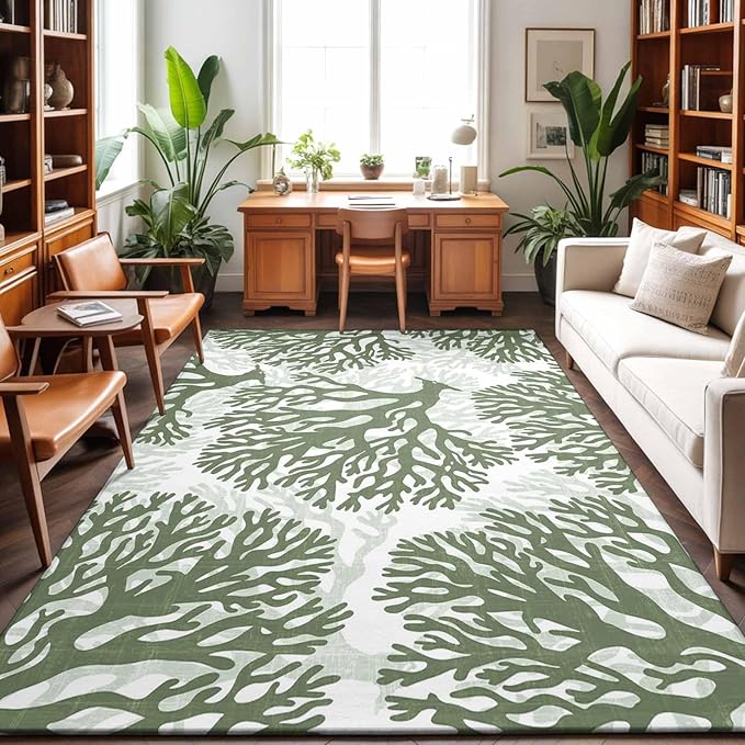 Area Rug 9x12ft, Deep Forest Green Corals Washable Rugs for Living Room Bedroom Rectangle Floor Carpet, Retro Marine Life Soft Non-Slip Area Rugs for Dining Room