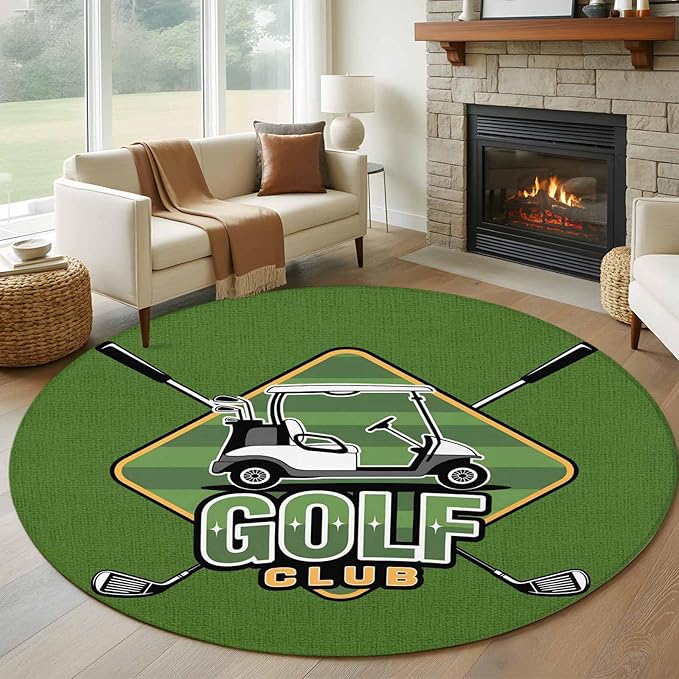 Washable Round Area Rug Golf Club Sports Circle Rugs Floor Carpet for Living Room Bedroom, Green Soft Non Slip Round Rug 5ft