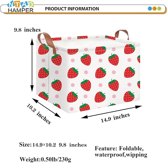 NTAOHAMPER Rectangular Storage Basket Empty, Storage Bin with Handles, Room Decor, Gift Basket, Book Box(Strawberry)