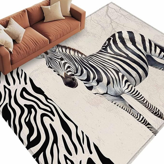 Area Rug 6x9ft, Zebra Black Stripe Animal Portrait Washable Rugs for Living Room Bedroom, Vintage Tree Branch Soft Non-Slip Area Rugs Rectangle Floor Carpet for Dining Room