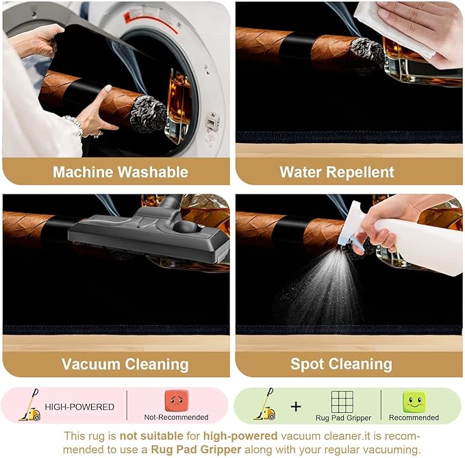 9x12 Area Rugs for Bedroom Boho Washable Man Cave Rug for Living Room Cigar Whiskey Ice Cubes Glass Black Soft Rubber Backed Non-Slip Large Carpets for Boys